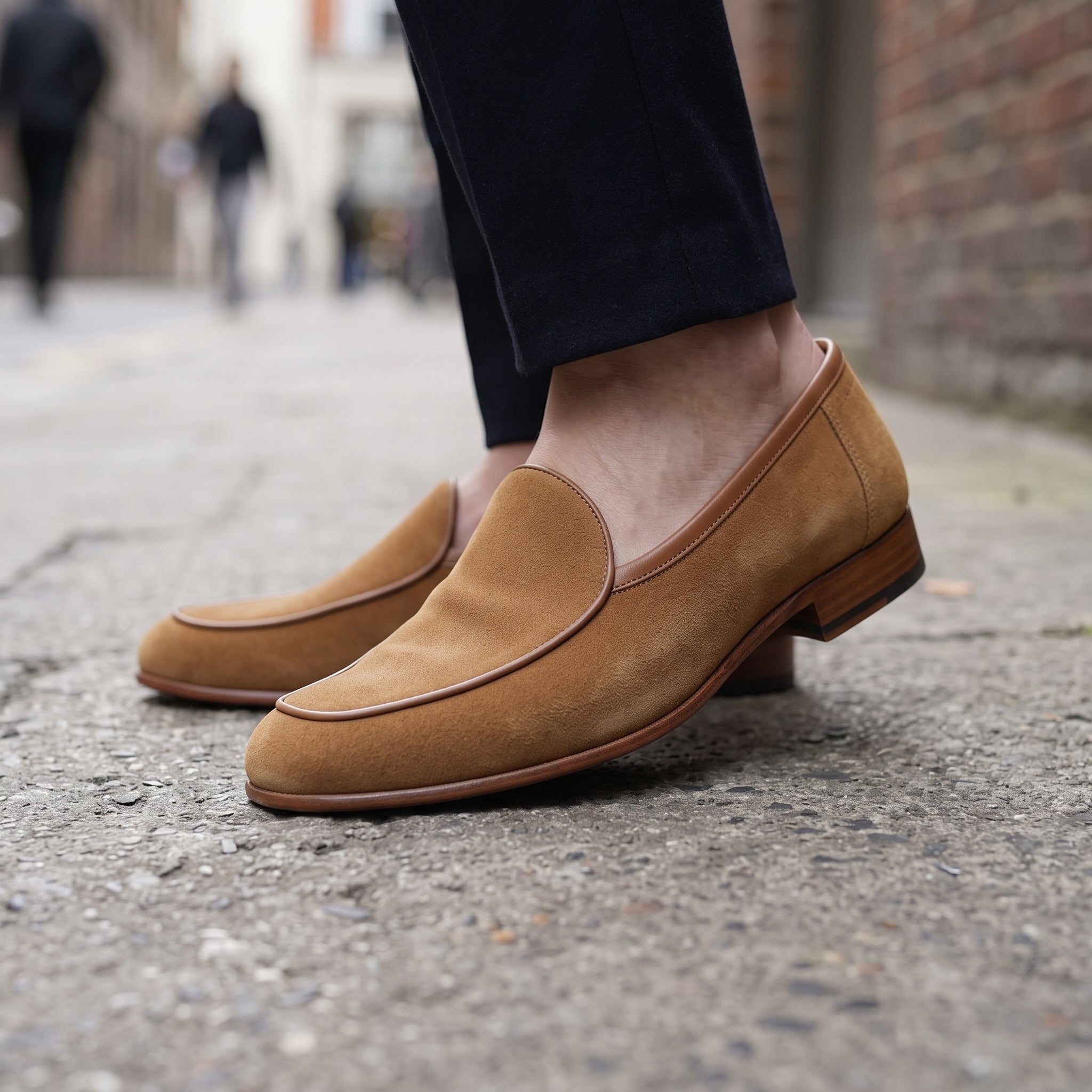 Men's Tan and Dark Brown Apron-Toe Suede Moccasins — Ashbury