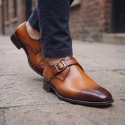 Men's Tan and Dark Brown Plain-Toe Leather Monk Strap Shoes — Creighton