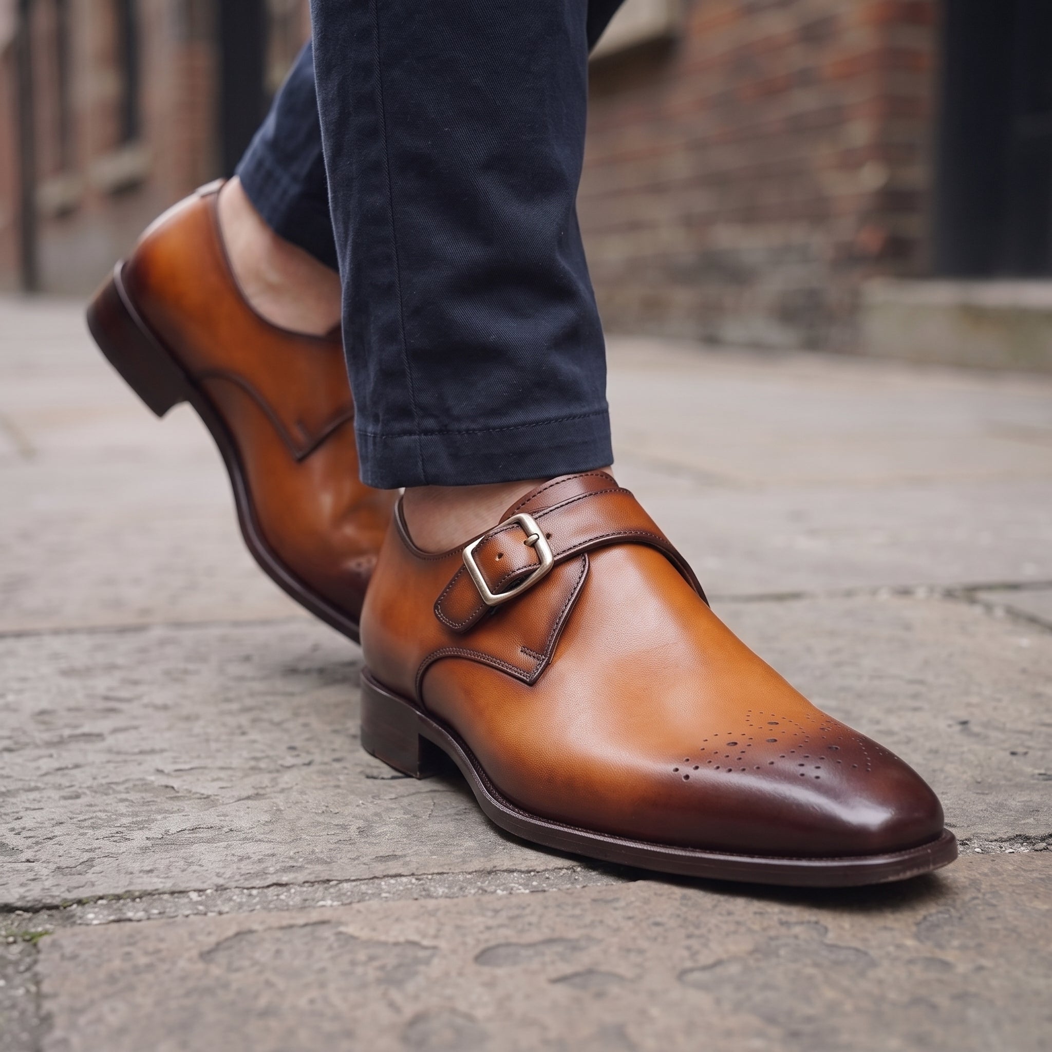 Men's Tan and Dark Brown Plain-Toe Leather Monk Strap Shoes — Creighton