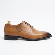 Men's Tan and Dark Brown Plain-Toe Crocodile-Embossed Leather Oxfords — Wroxton