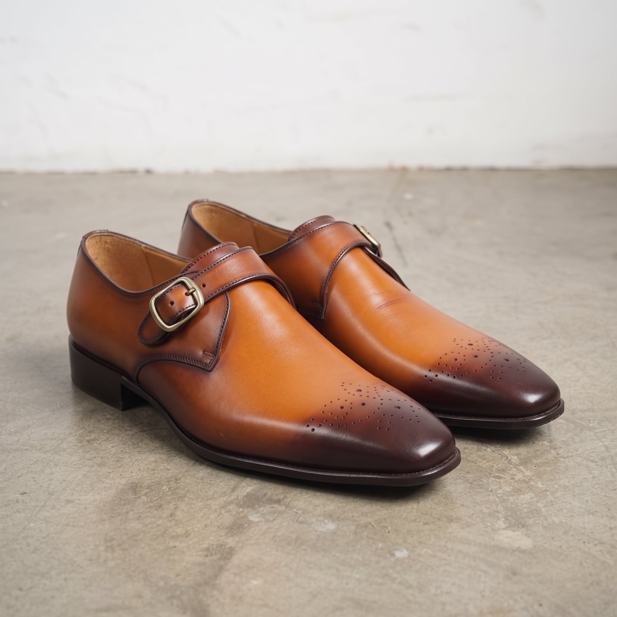 Men's Tan and Dark Brown Plain-Toe Leather Monk Strap Shoes — Creighton