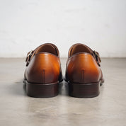 Men's Tan and Dark Brown Plain-Toe Leather Monk Strap Shoes — Creighton
