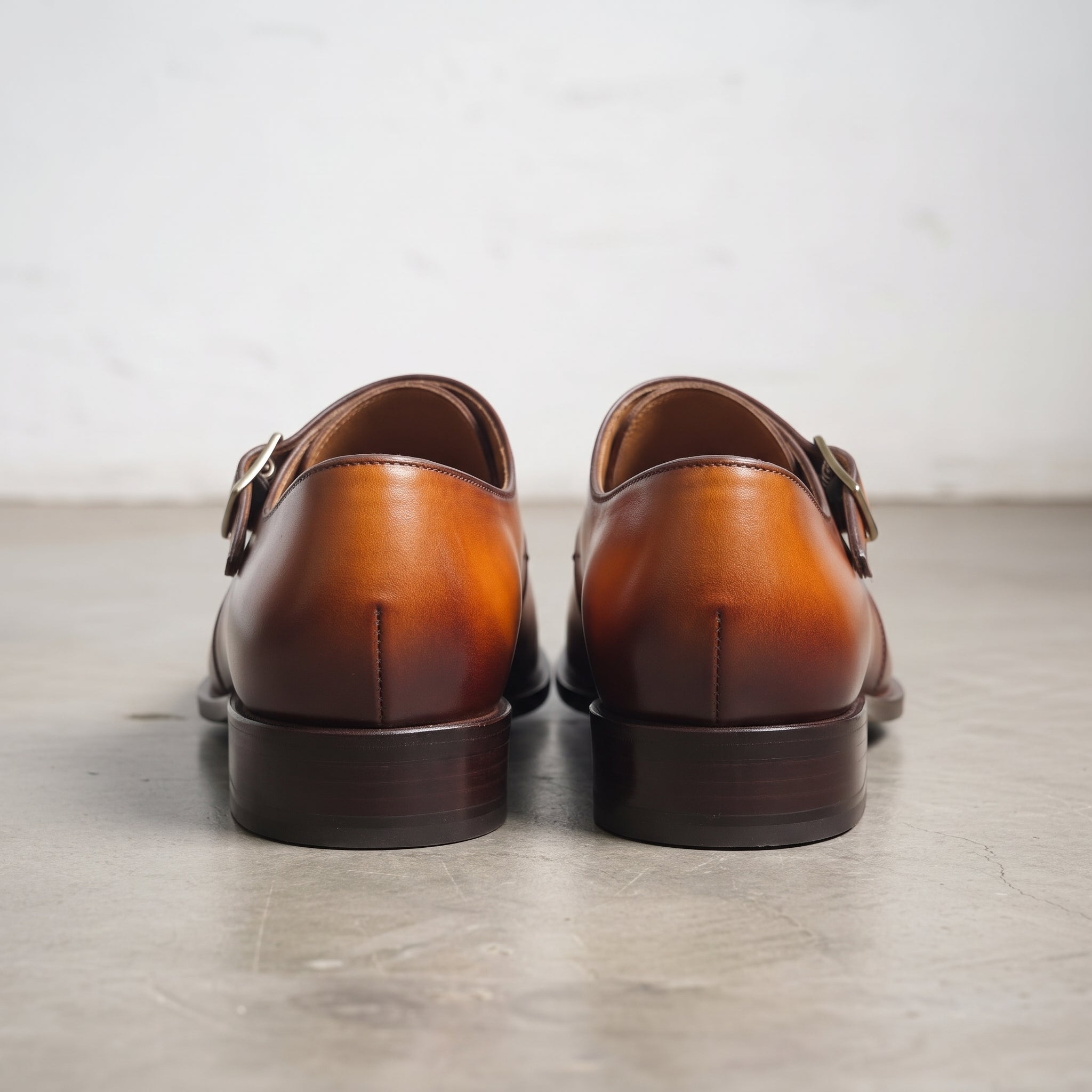 Men's Tan and Dark Brown Plain-Toe Leather Monk Strap Shoes — Creighton