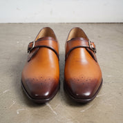 Men's Tan and Dark Brown Plain-Toe Leather Monk Strap Shoes — Creighton