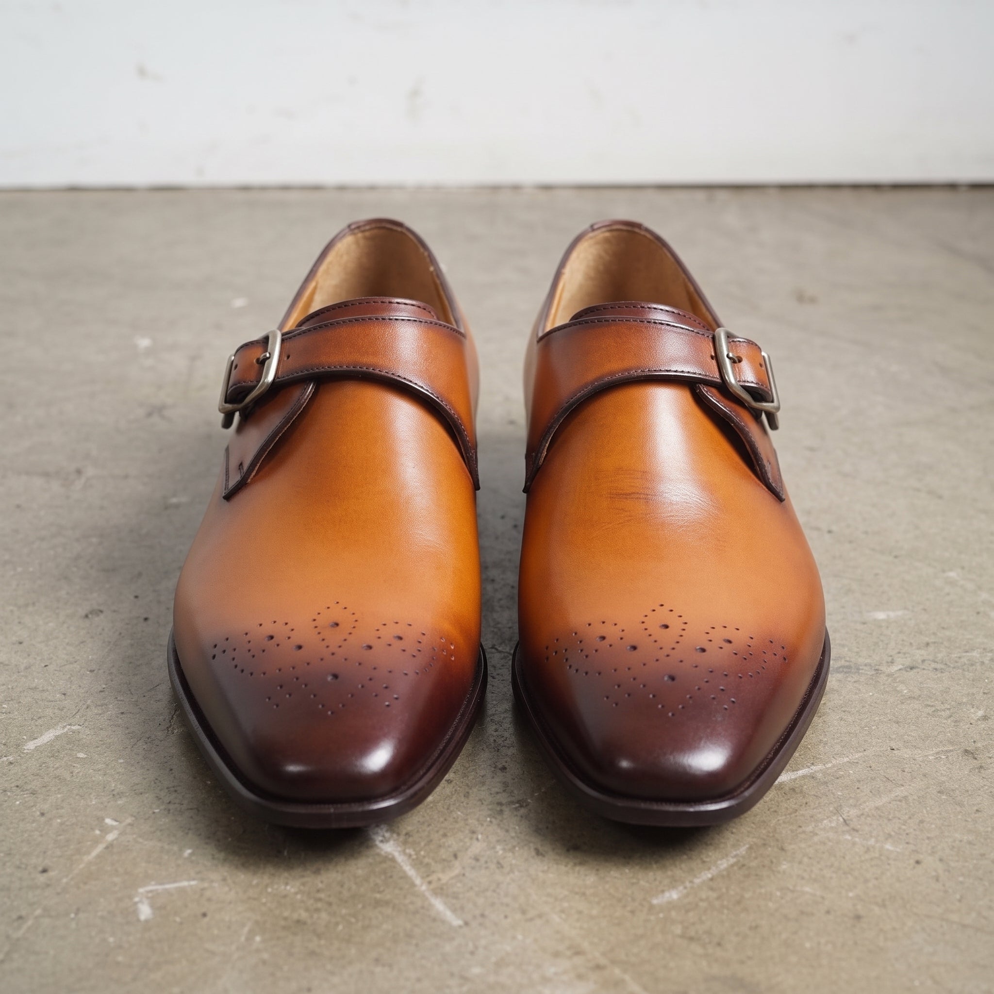 Men's Tan and Dark Brown Plain-Toe Leather Monk Strap Shoes — Creighton
