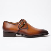 Men's Tan and Dark Brown Plain-Toe Leather Monk Strap Shoes — Creighton