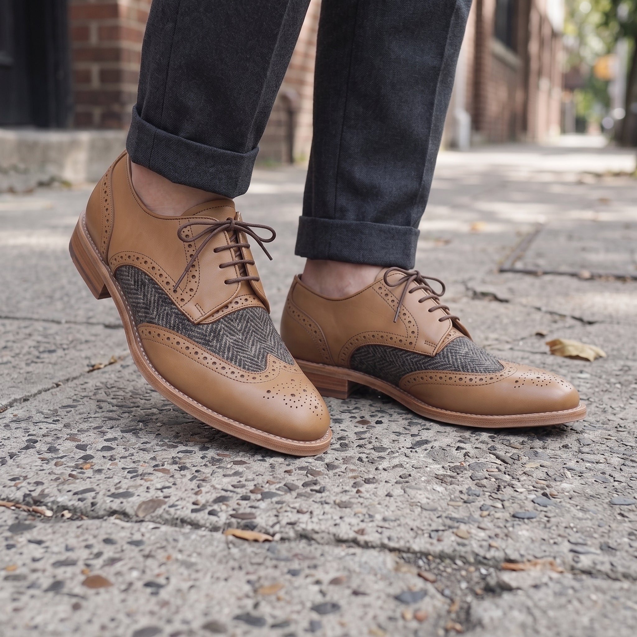Men's Tan and Dark Grey Wingtip Leather Spectator Derbys — Primrose