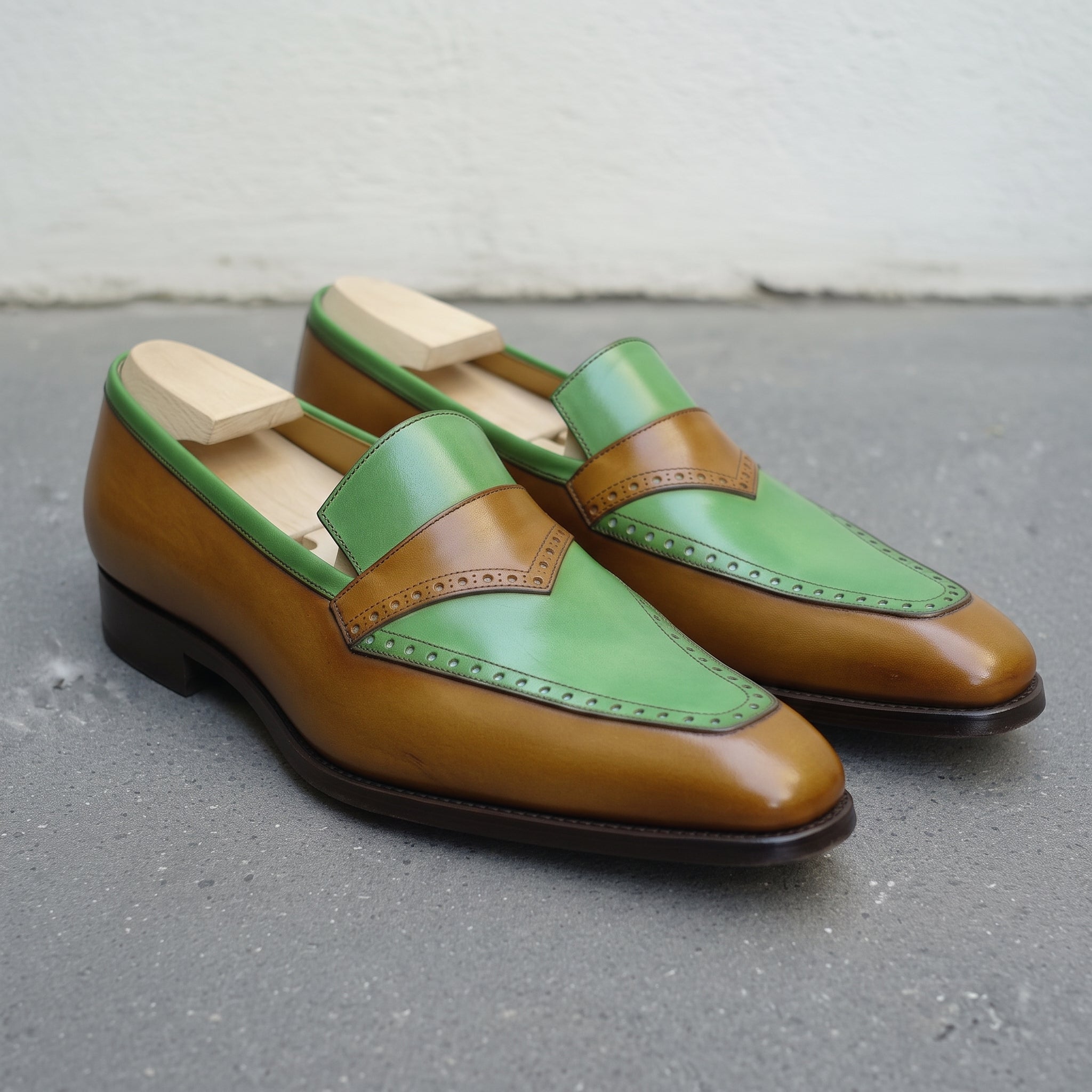 Men's Tan and Green Plain-Toe Leather Moccasins — Innes