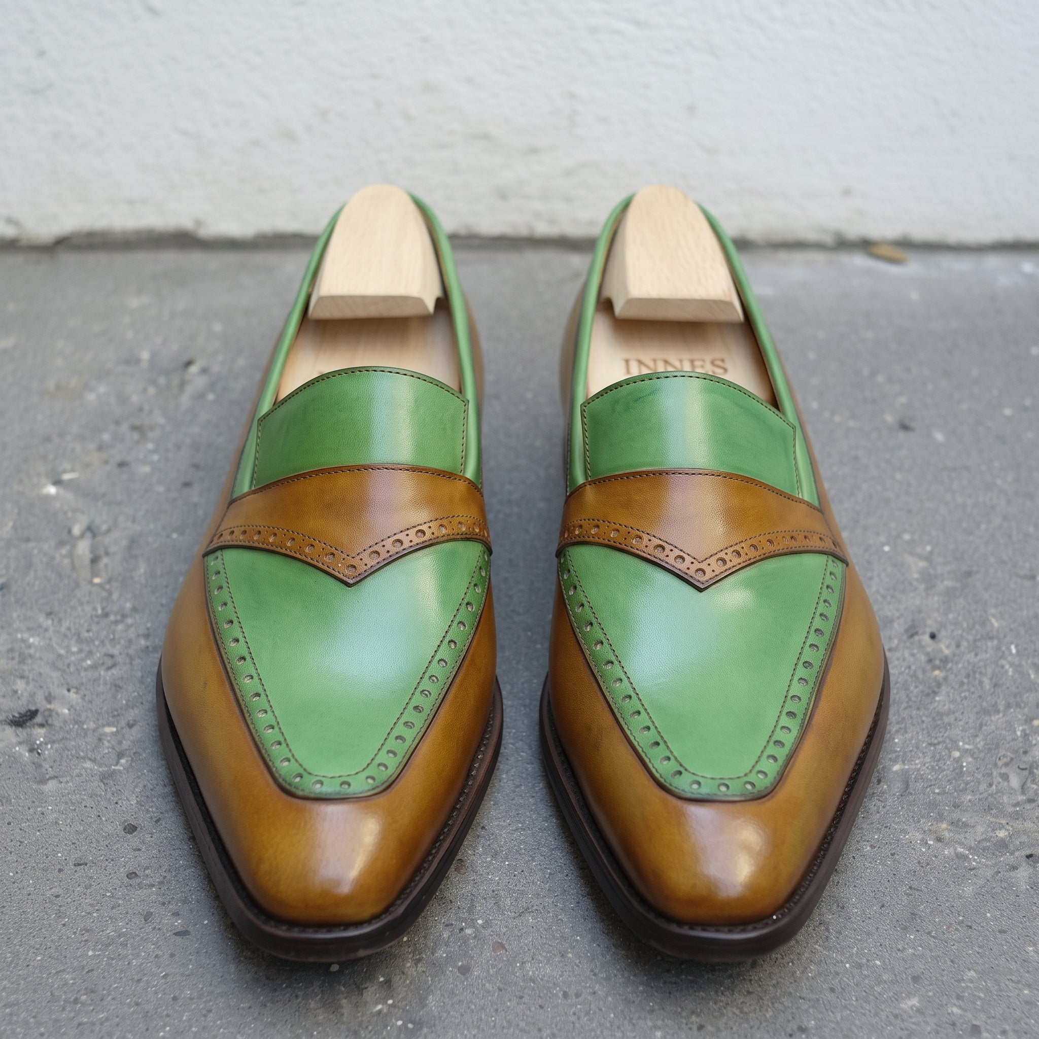 Men's Tan and Green Plain-Toe Leather Moccasins — Innes