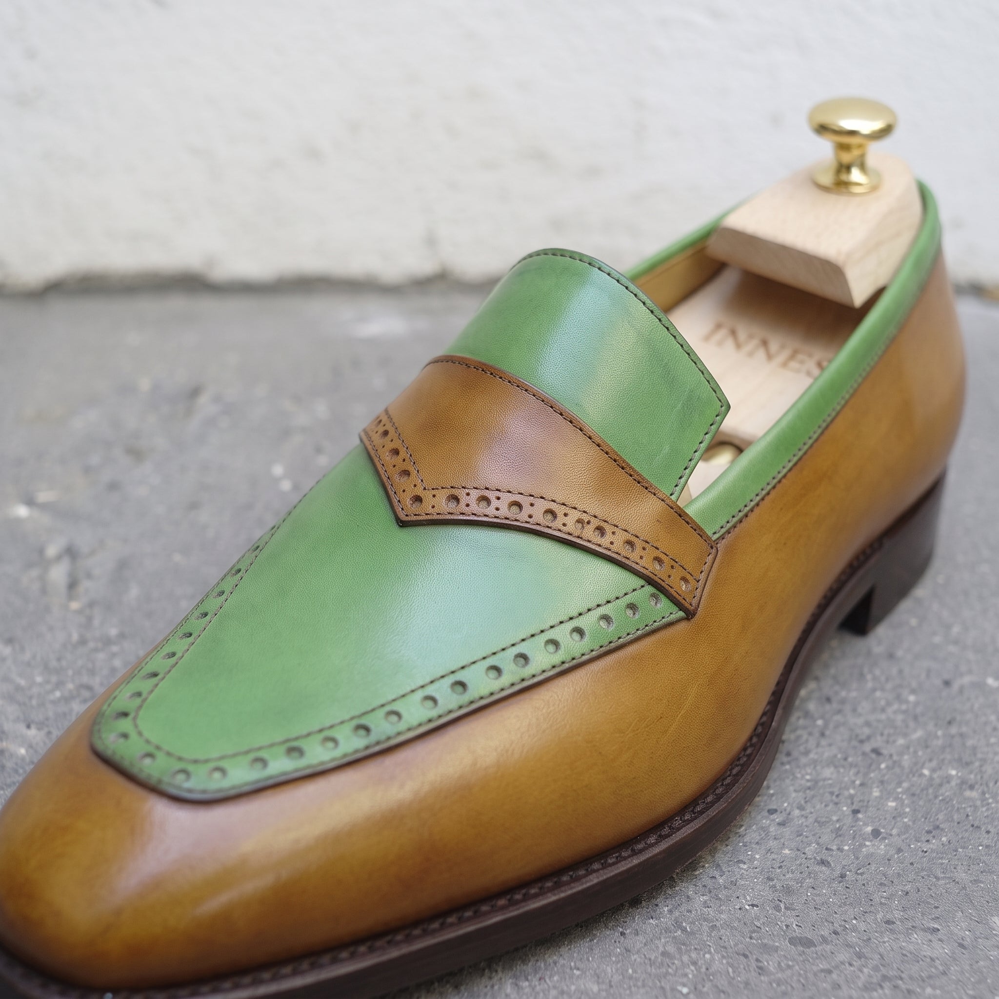 Men's Tan and Green Plain-Toe Leather Moccasins — Innes