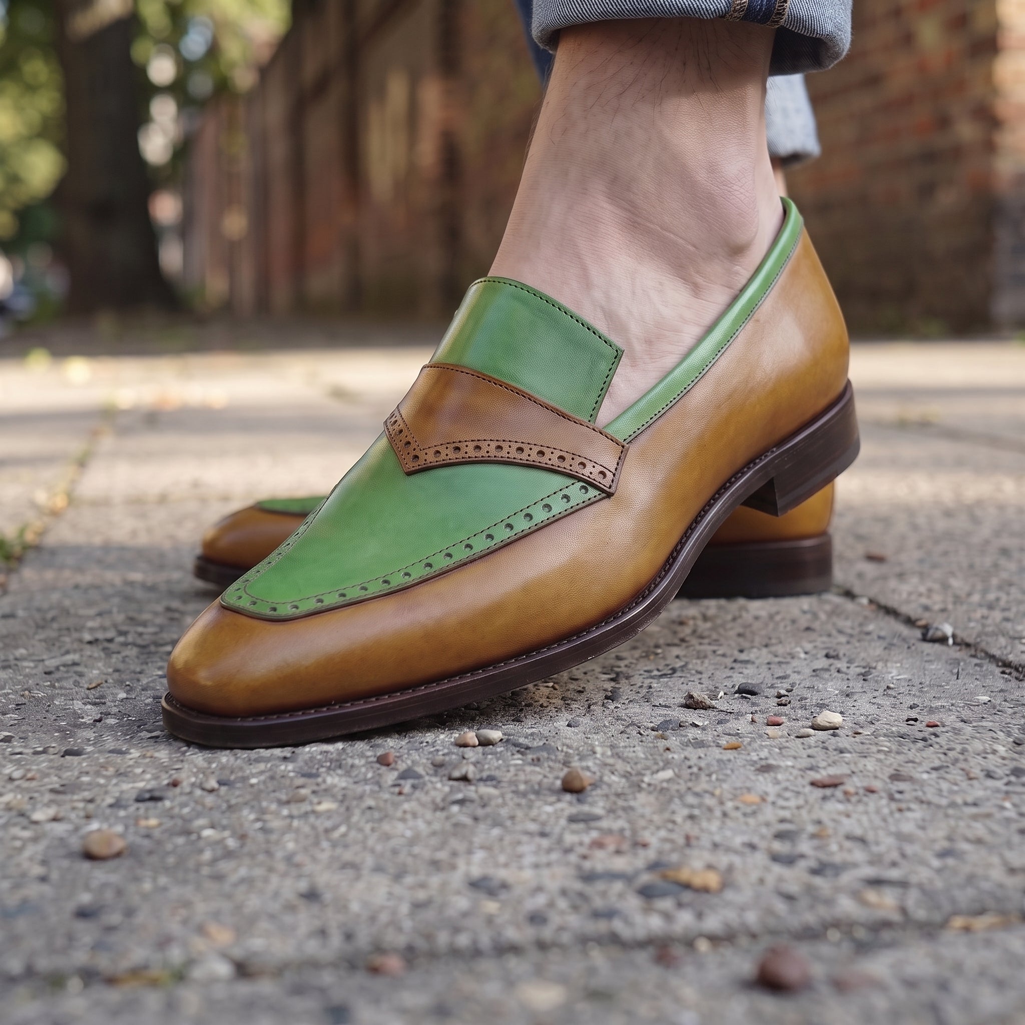 Men's Tan and Green Plain-Toe Leather Moccasins — Innes