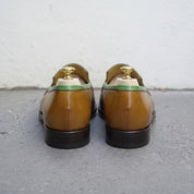 Men's Tan and Green Plain-Toe Leather Moccasins — Innes