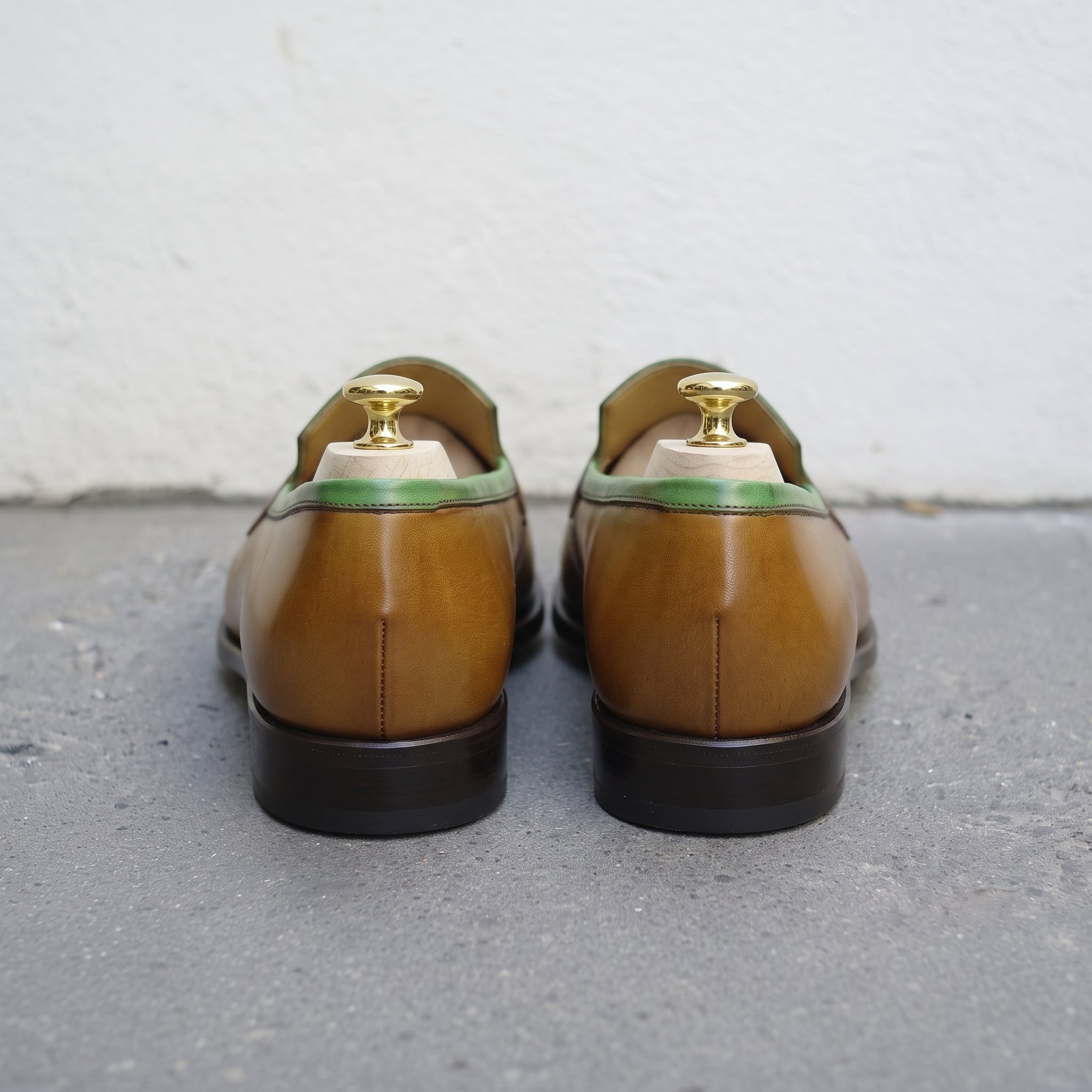Men's Tan and Green Plain-Toe Leather Moccasins — Innes