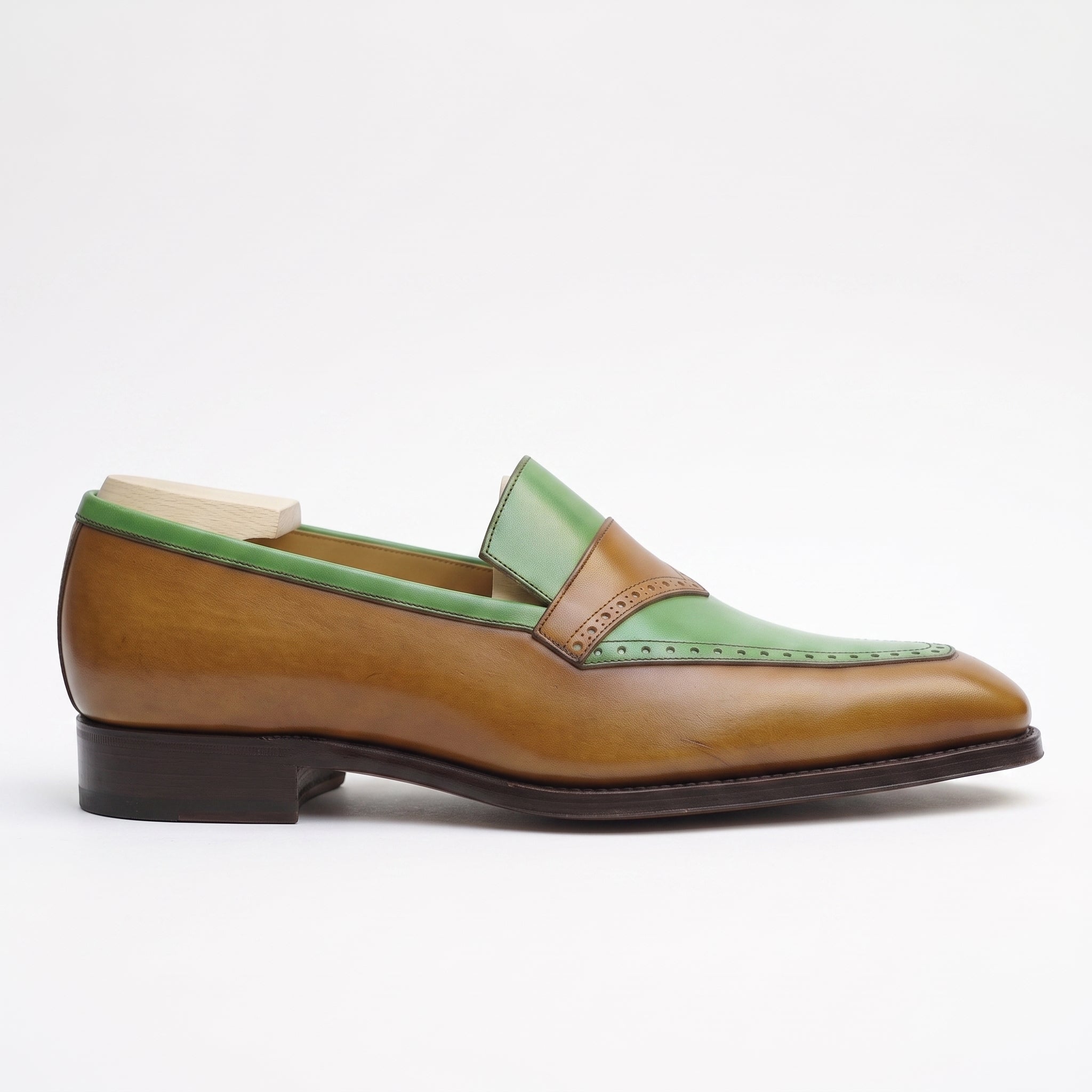 Men's Tan and Green Plain-Toe Leather Moccasins — Innes