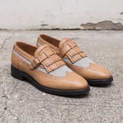 Men's Tan and Grey Wingtip Leather Monk Strap Loafers — Finlay