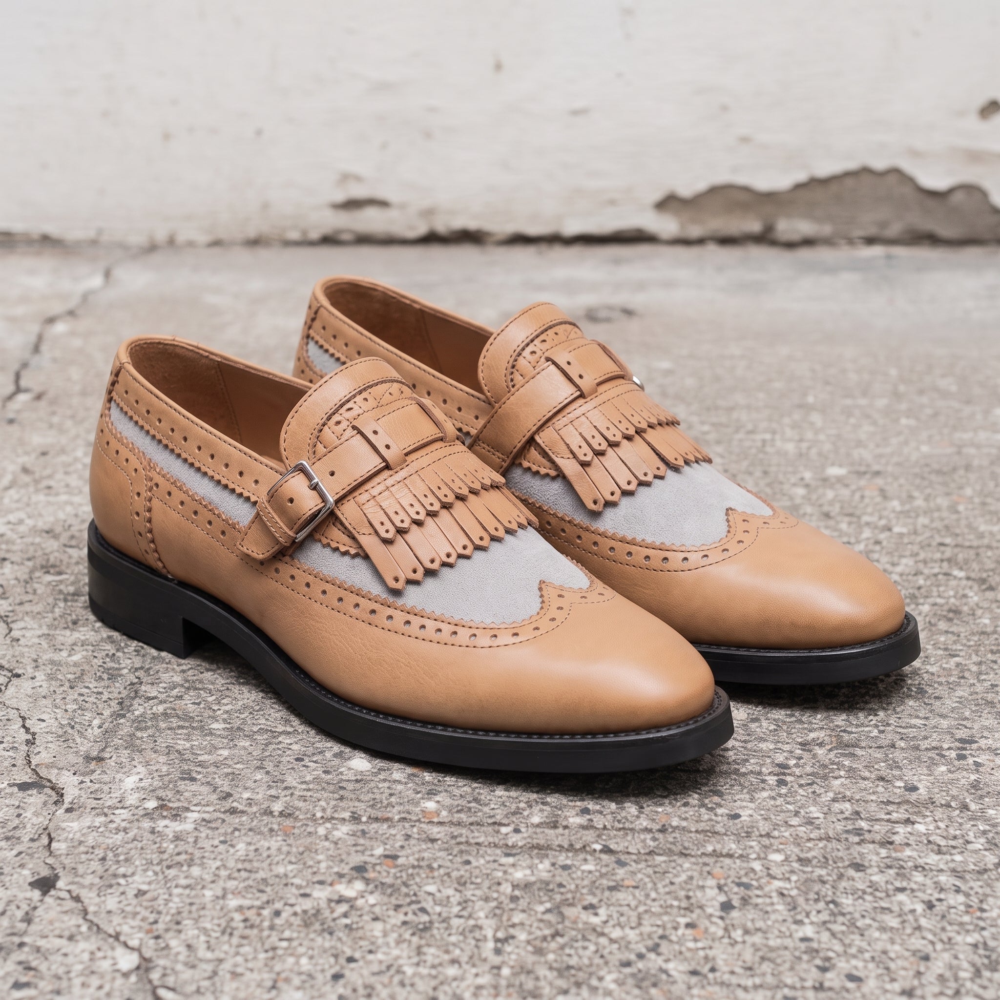 Men's Tan and Grey Wingtip Leather Monk Strap Loafers — Finlay