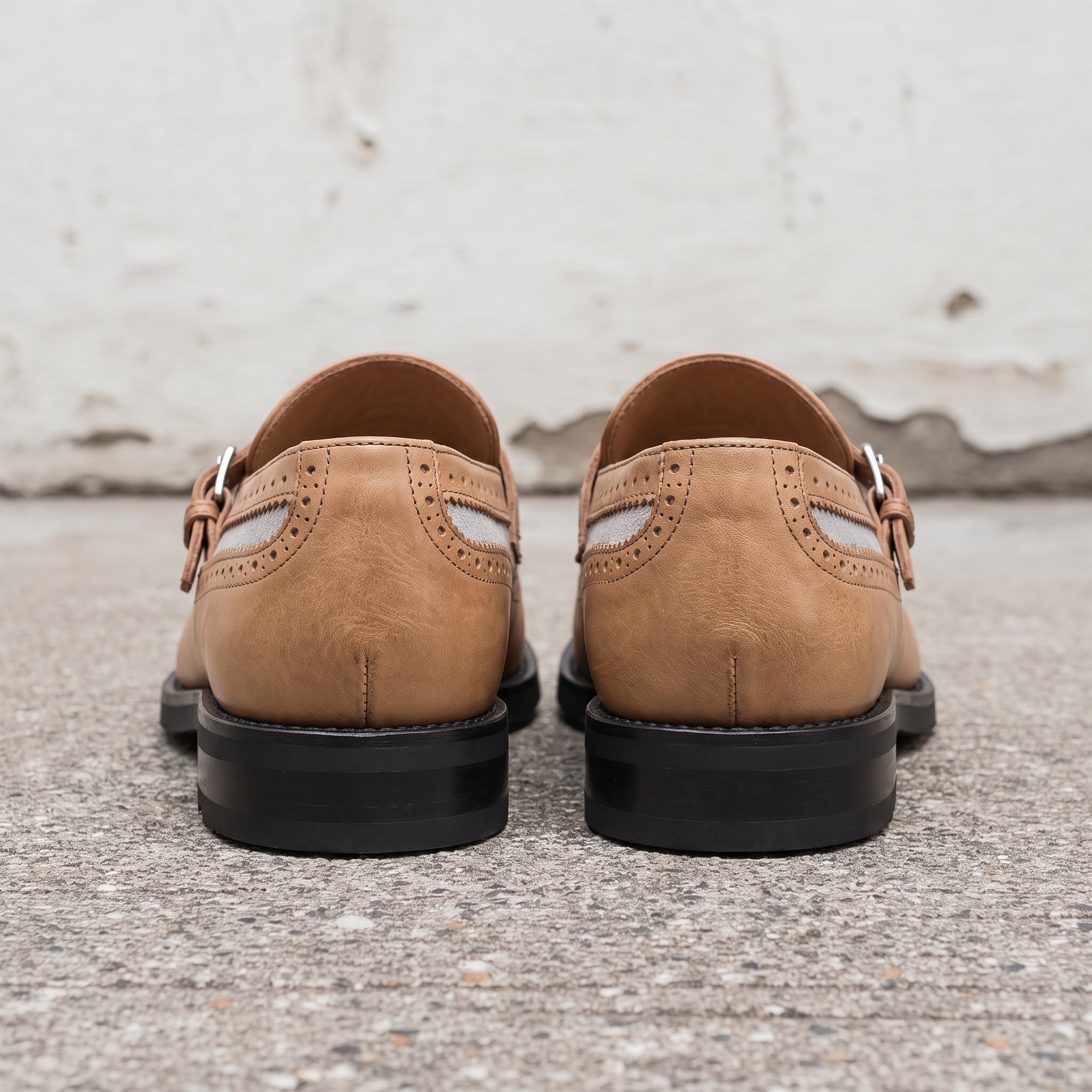 Men's Tan and Grey Wingtip Leather Monk Strap Loafers — Finlay