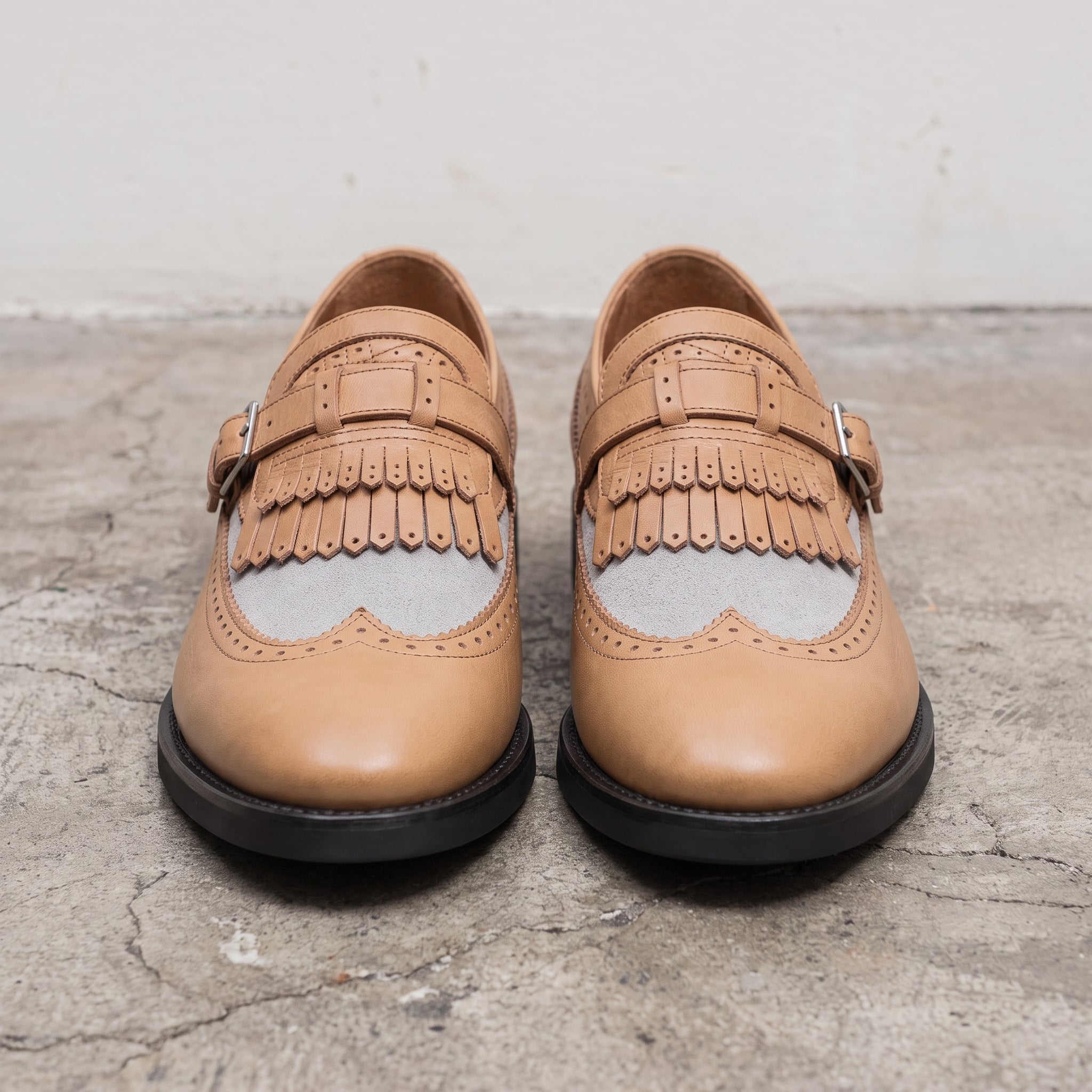 Men's Tan and Grey Wingtip Leather Monk Strap Loafers — Finlay