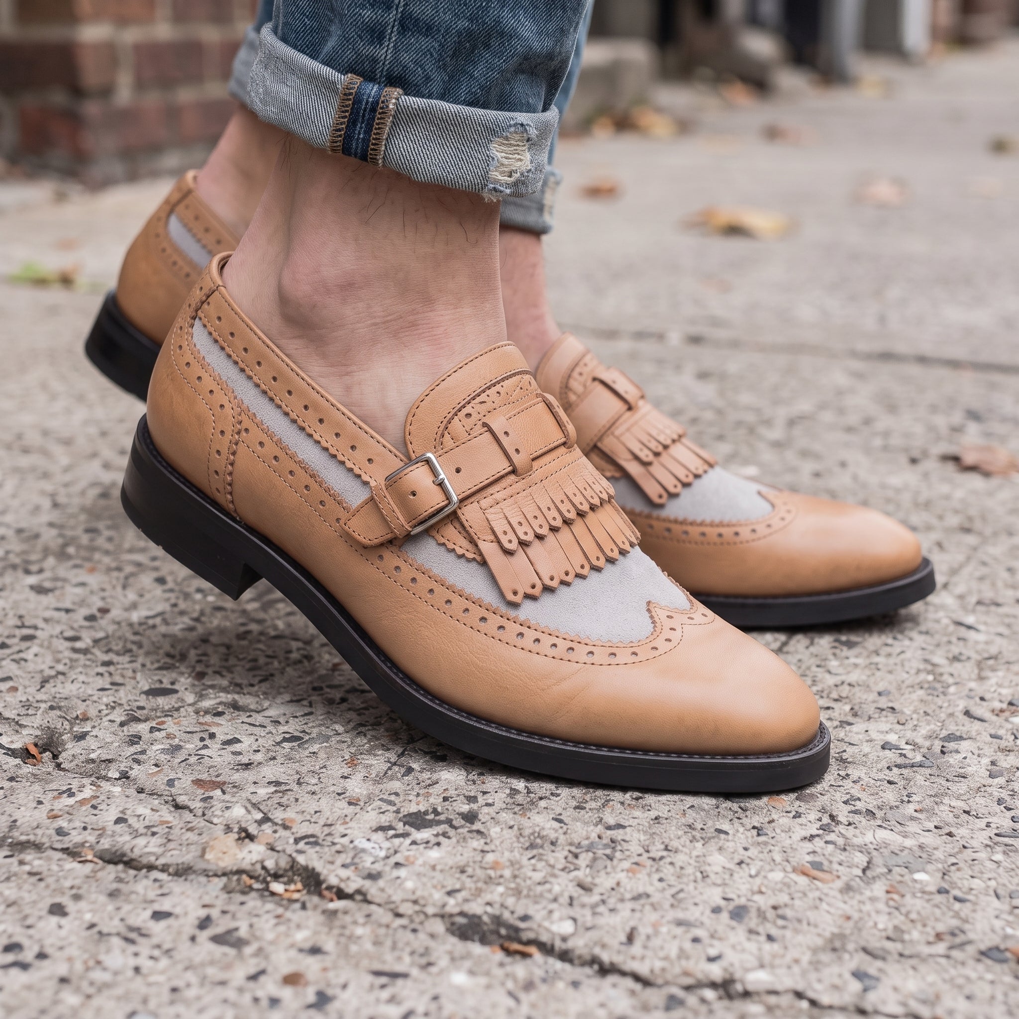 Men's Tan and Grey Wingtip Leather Monk Strap Loafers — Finlay