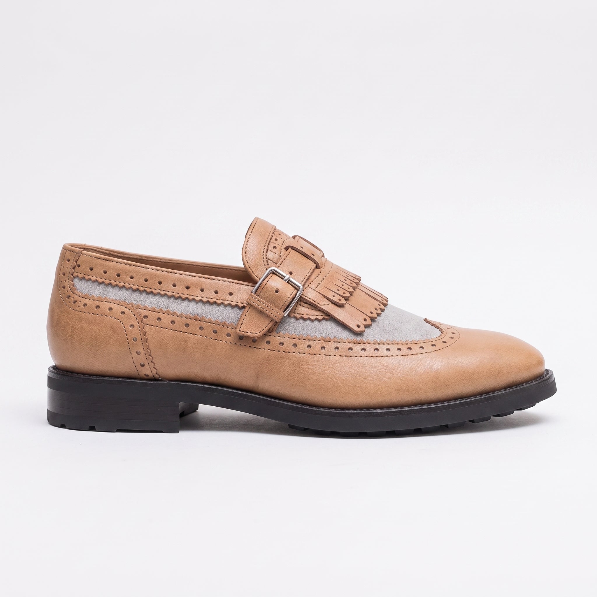 Men's Tan and Grey Wingtip Leather Monk Strap Loafers — Finlay