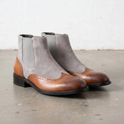 Men's Tan and Light Gray Wingtip Leather and Suede Chelsea Boots — Crowhurst