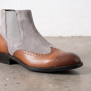 Men's Tan and Light Gray Wingtip Leather and Suede Chelsea Boots — Crowhurst