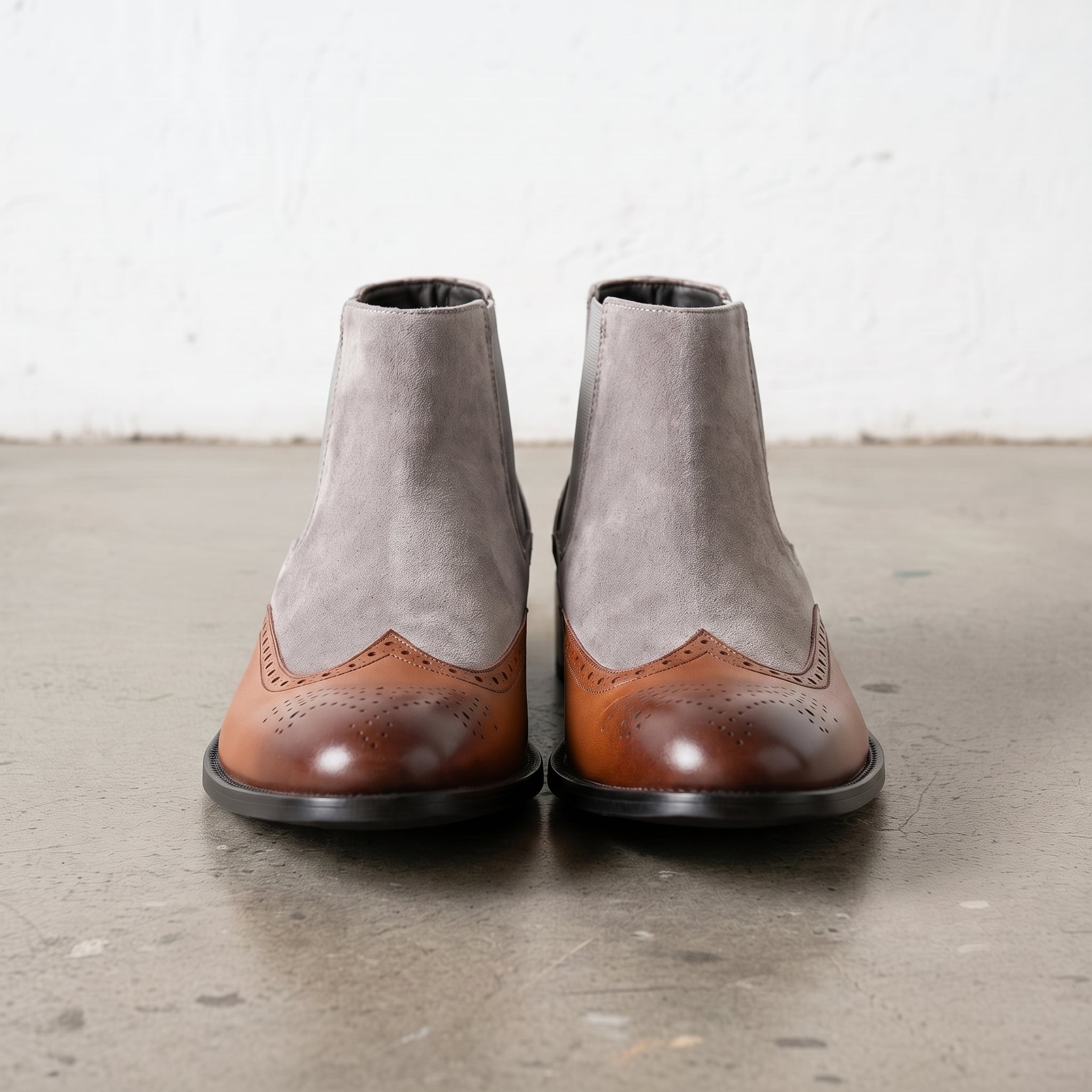 Men's Tan and Light Gray Wingtip Leather and Suede Chelsea Boots — Crowhurst