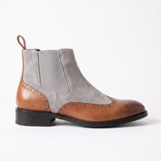Men's Tan and Light Gray Wingtip Leather and Suede Chelsea Boots — Crowhurst