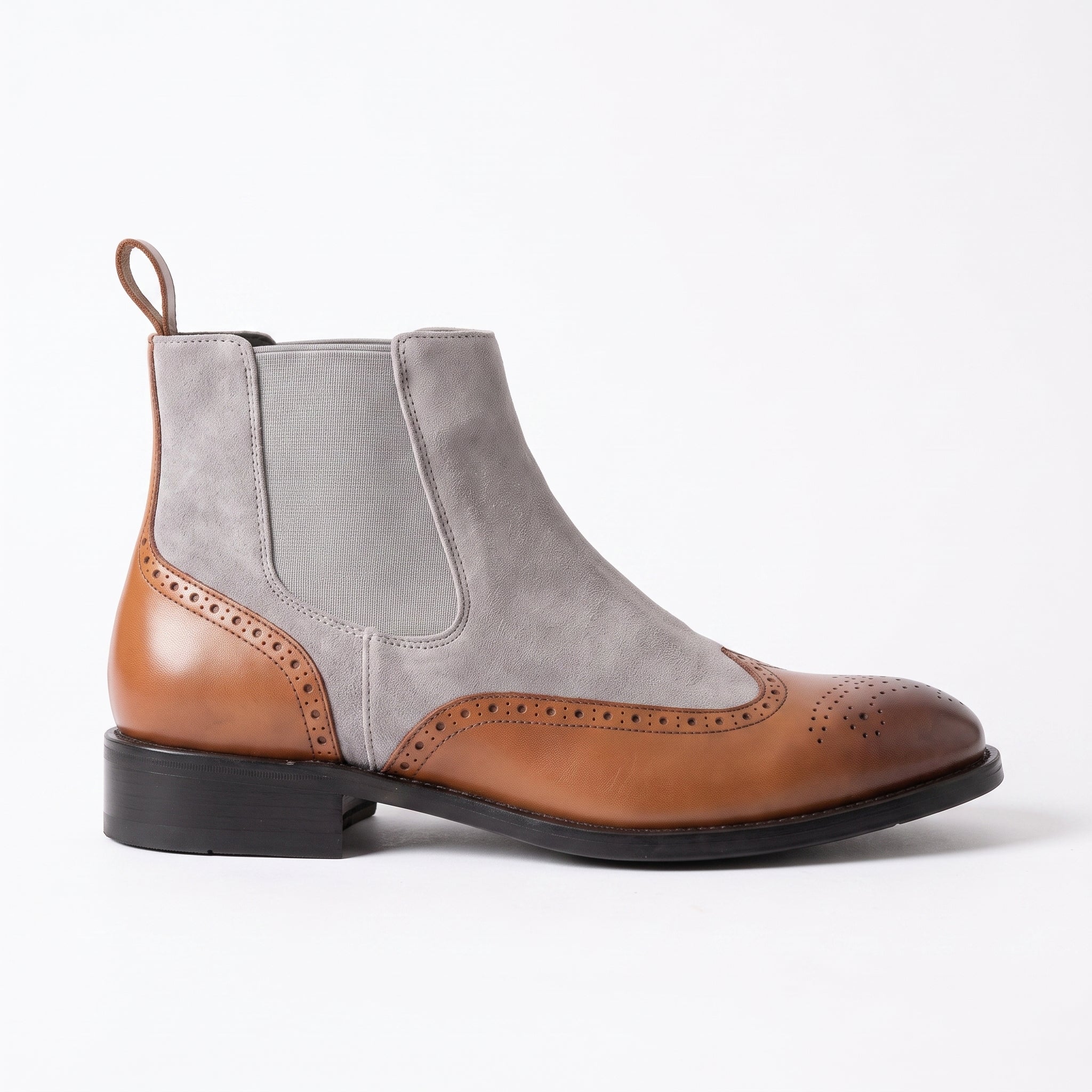 Men's Tan and Light Gray Wingtip Leather and Suede Chelsea Boots — Crowhurst