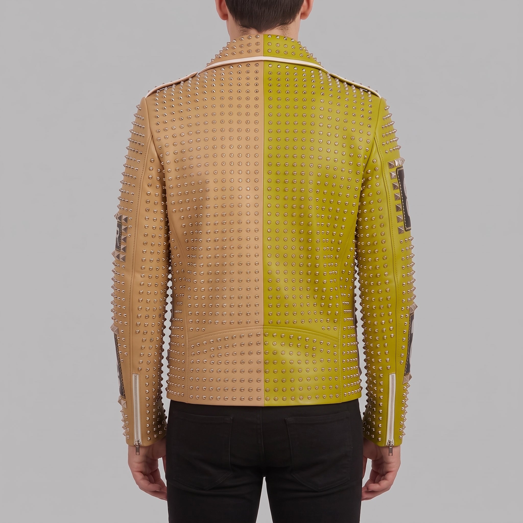 Men's Tan and Lime Green Studded Leather Biker Jacket — Ardmore