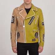 Men's Tan and Lime Green Studded Leather Biker Jacket — Ardmore