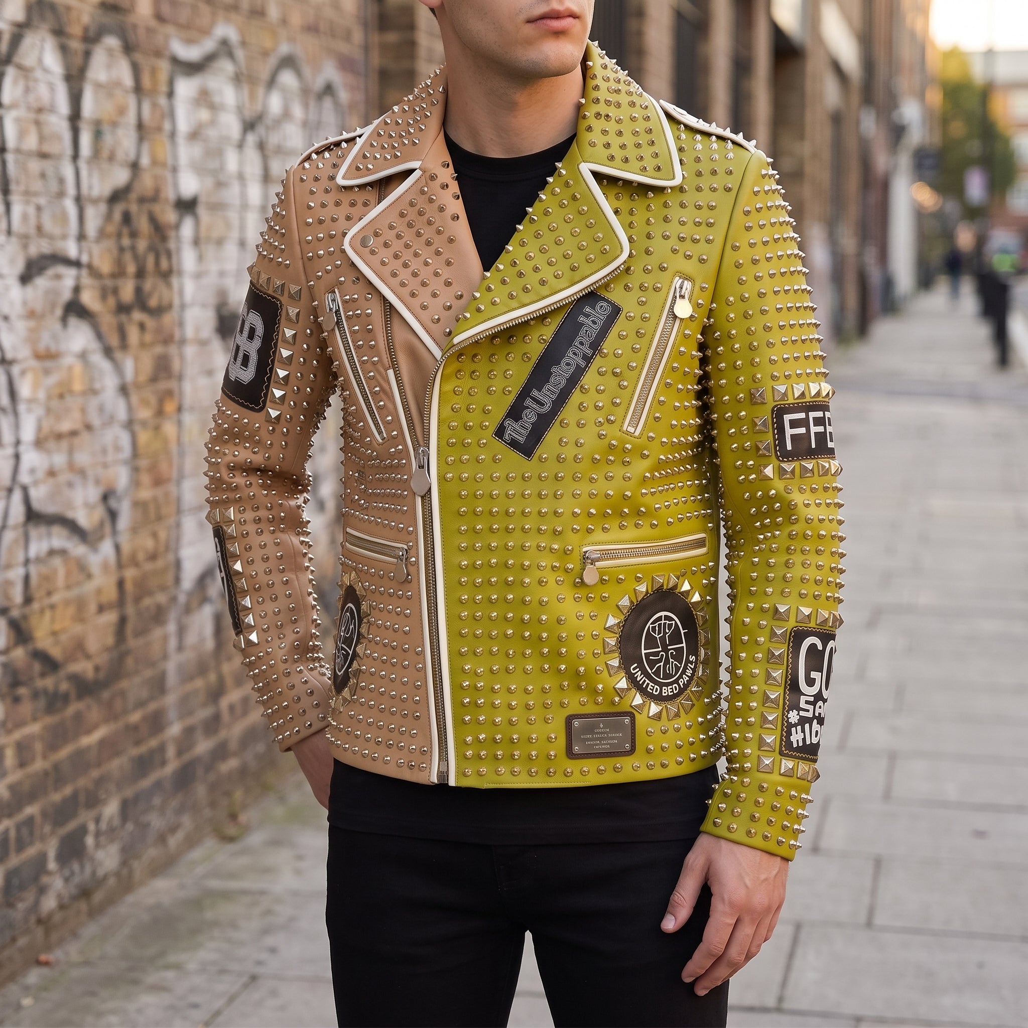 Men's Tan and Lime Green Studded Leather Biker Jacket — Ardmore