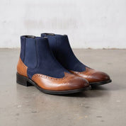 Men's Tan and Navy Blue Wingtip Leather and Suede Chelsea Boots — Crowhurst