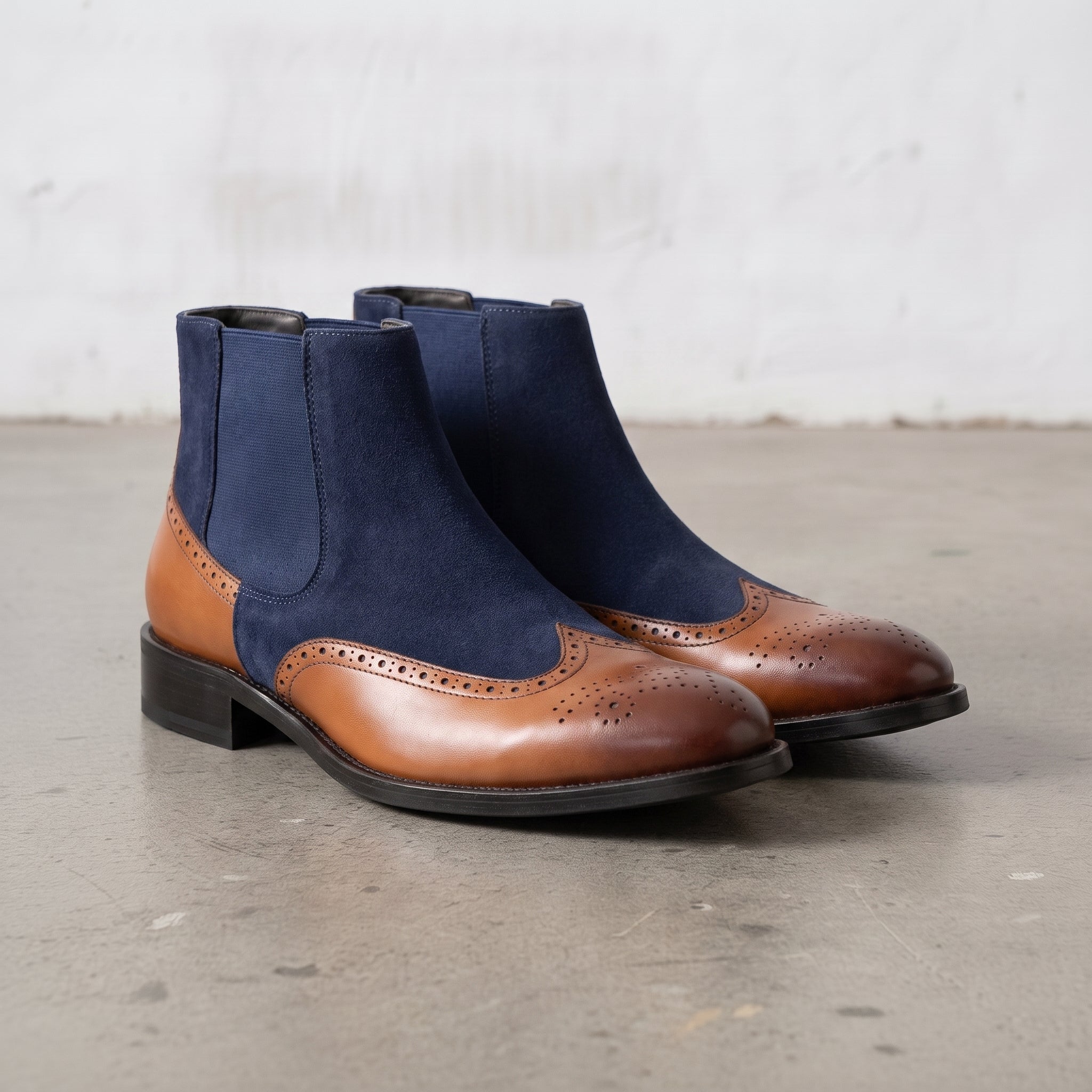 Men's Tan and Navy Blue Wingtip Leather and Suede Chelsea Boots — Crowhurst
