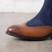 Men's Tan and Navy Blue Wingtip Leather and Suede Chelsea Boots — Crowhurst