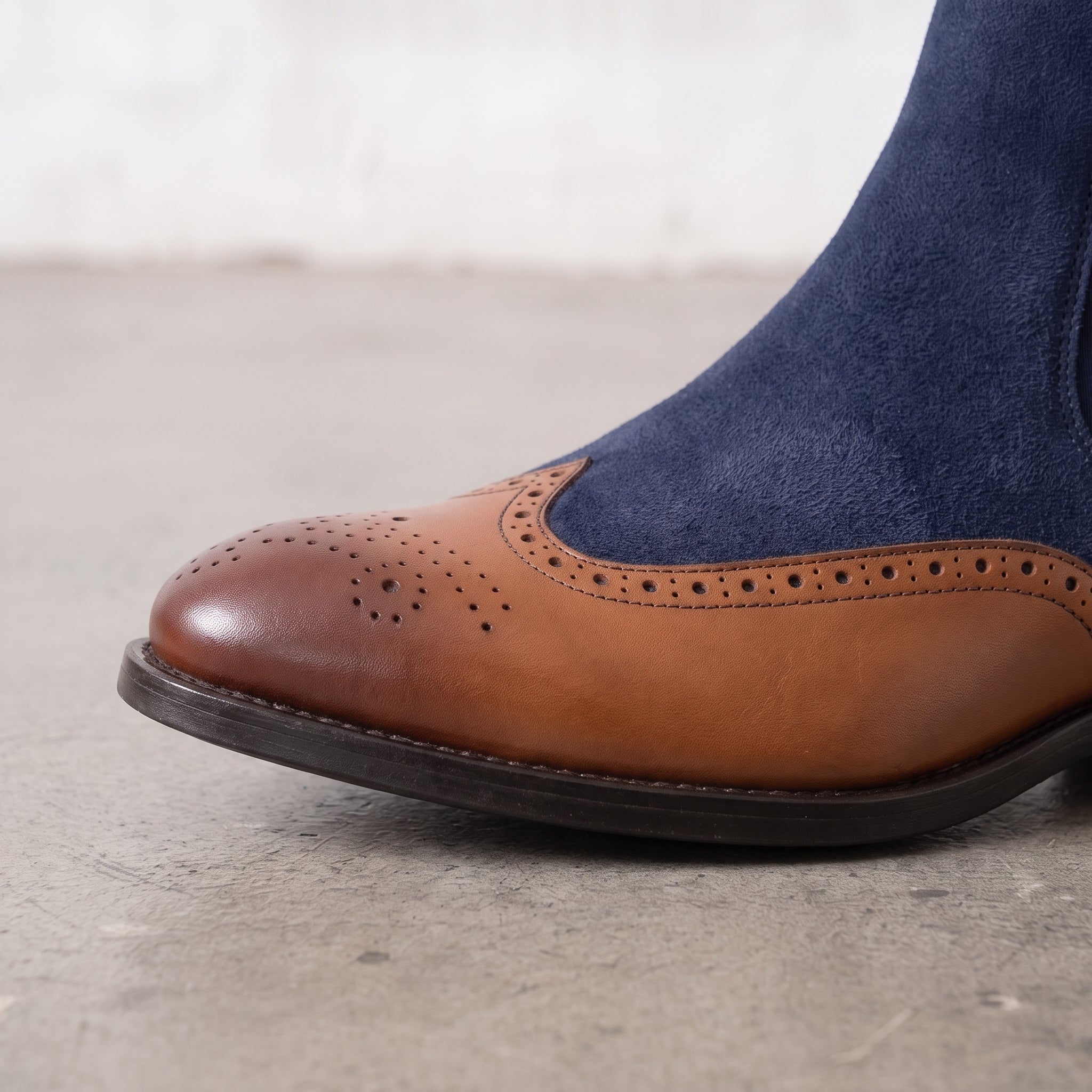 Men's Tan and Navy Blue Wingtip Leather and Suede Chelsea Boots — Crowhurst