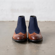 Men's Tan and Navy Blue Wingtip Leather and Suede Chelsea Boots — Crowhurst