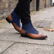 Men's Tan and Navy Blue Wingtip Leather and Suede Chelsea Boots — Crowhurst