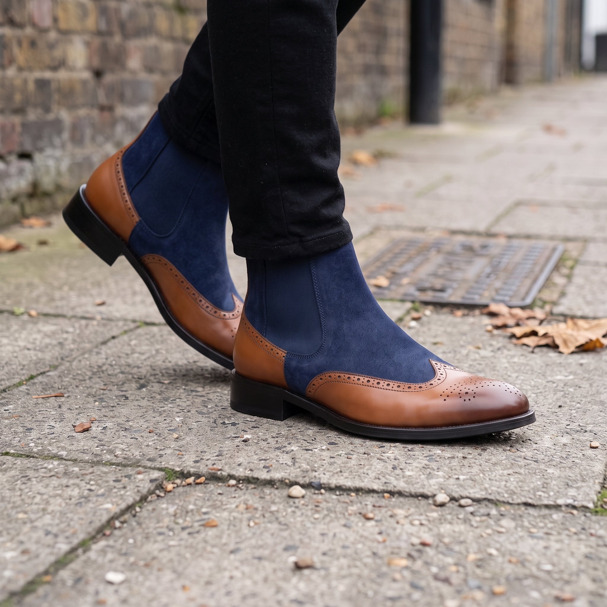 Men's Tan and Navy Blue Wingtip Leather and Suede Chelsea Boots — Crowhurst