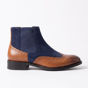 Men's Tan and Navy Blue Wingtip Leather and Suede Chelsea Boots — Crowhurst