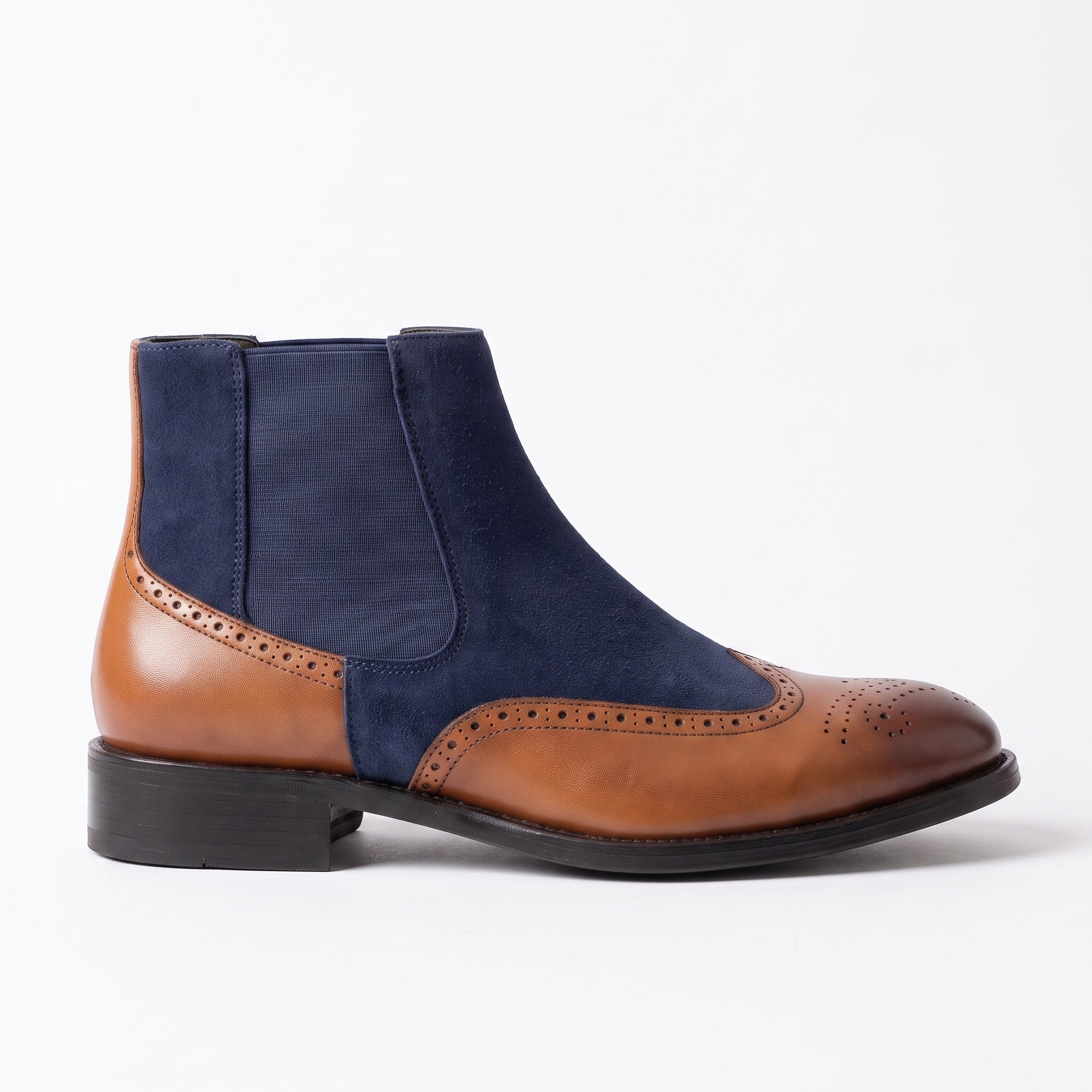Men's Tan and Navy Blue Wingtip Leather and Suede Chelsea Boots — Crowhurst