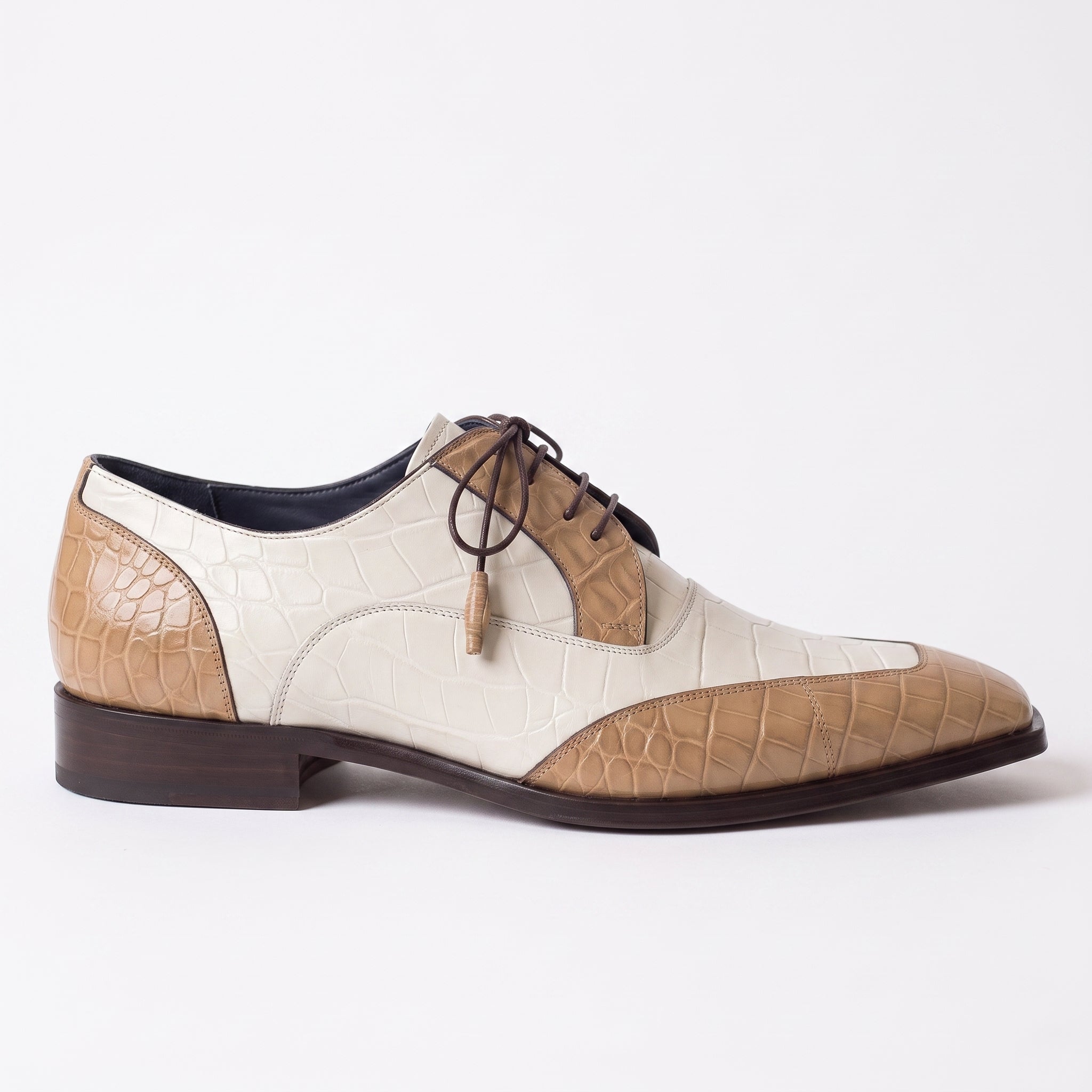 Men's Tan and Off-White Crocodile-Embossed Leather Spectator Derby Shoes — Birkdale