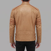Men's Tan and Red Leather Biker Jacket — Hanbury