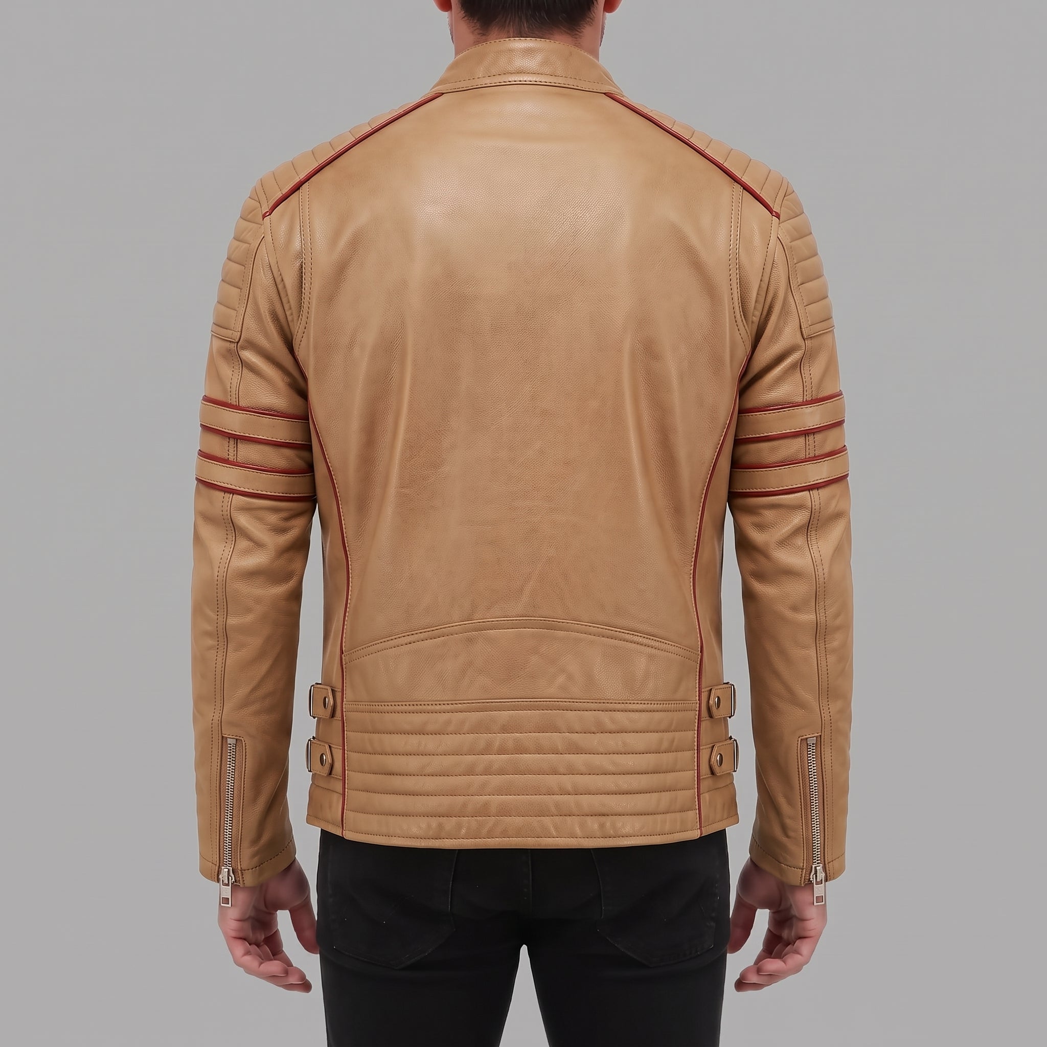 Men's Tan and Red Leather Biker Jacket — Hanbury