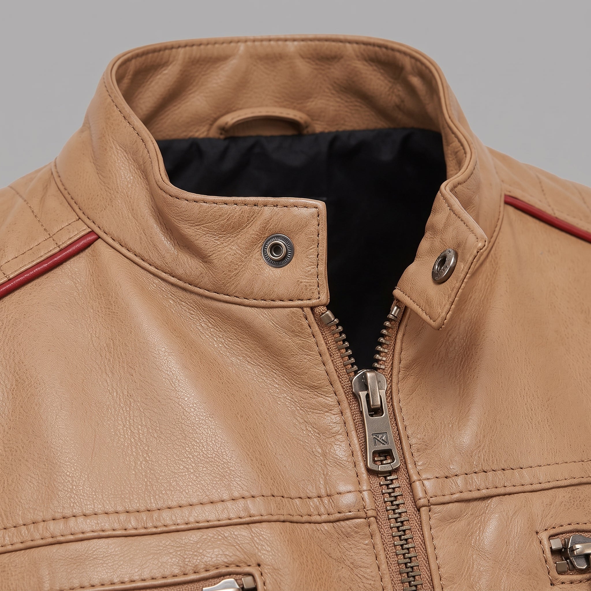 Men's Tan and Red Leather Biker Jacket — Hanbury