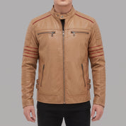 Men's Tan and Red Leather Biker Jacket — Hanbury