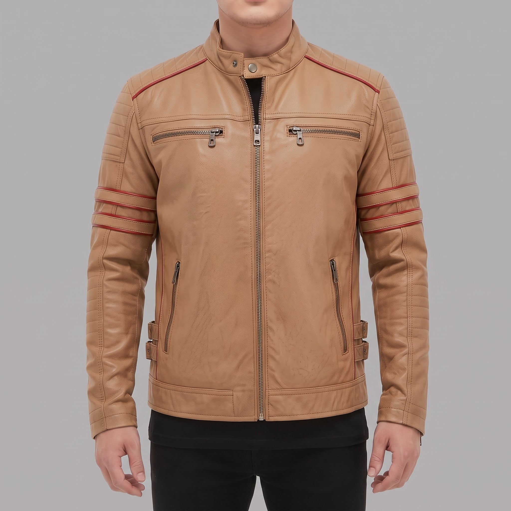 Men's Tan and Red Leather Biker Jacket — Hanbury