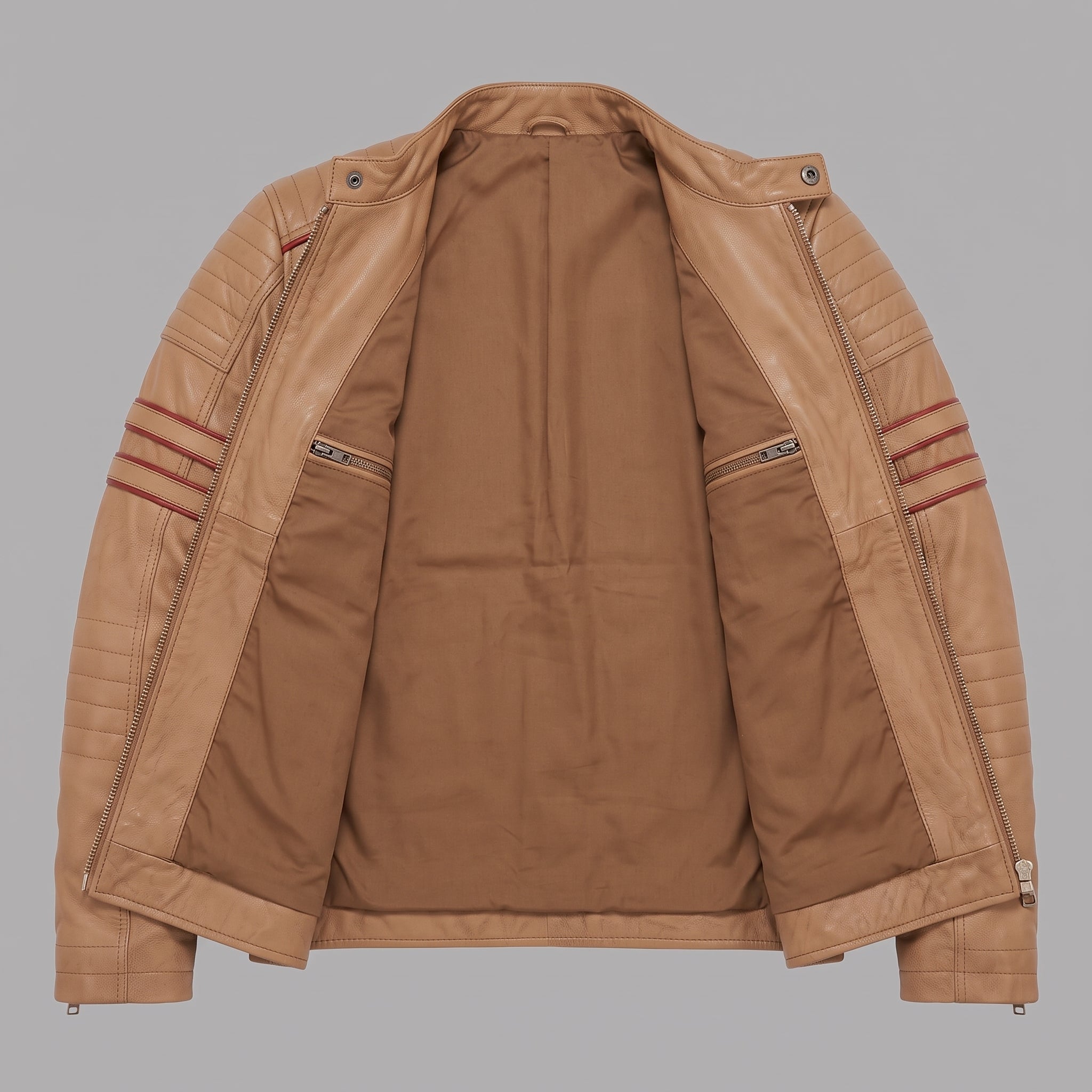 Men's Tan and Red Leather Biker Jacket — Hanbury