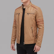 Men's Tan and Red Leather Biker Jacket — Hanbury