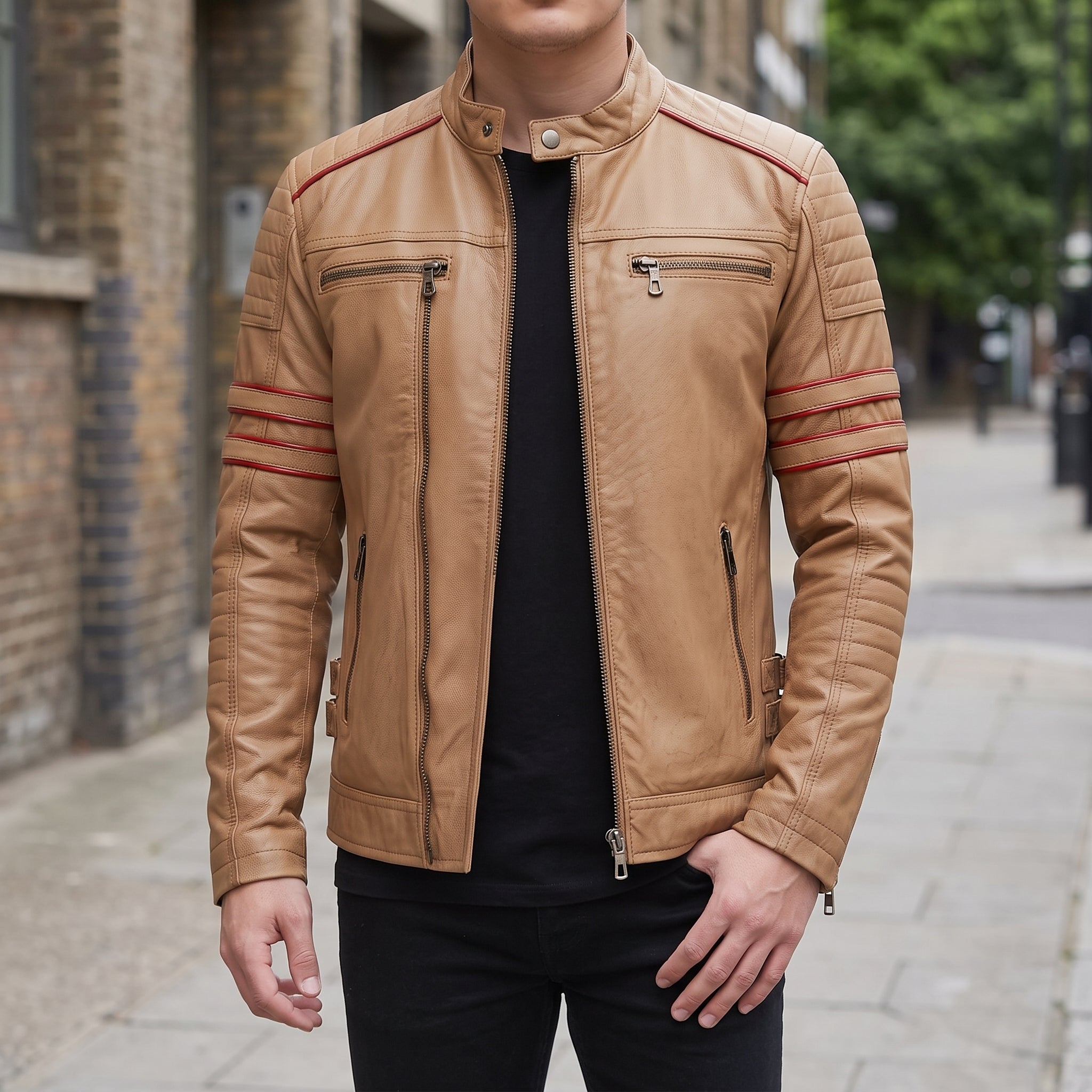 Men's Tan and Red Leather Biker Jacket — Hanbury